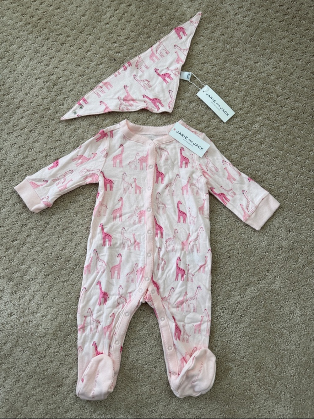 Janie and Jack Pink Giraffe-Print Footie with Matching Bandana Bib